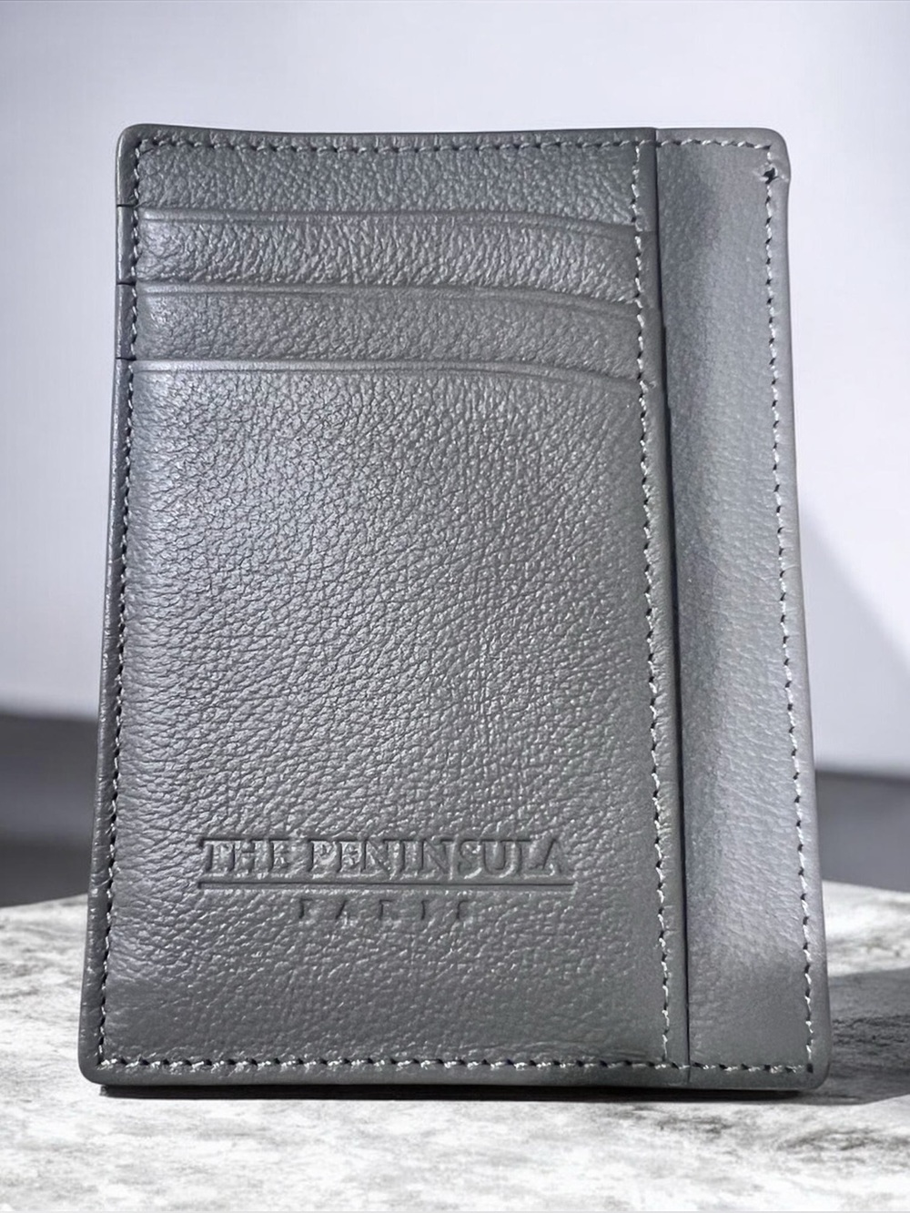 Authentic The Peninsula Paris Grey Pebbled Leather Travel Card Case